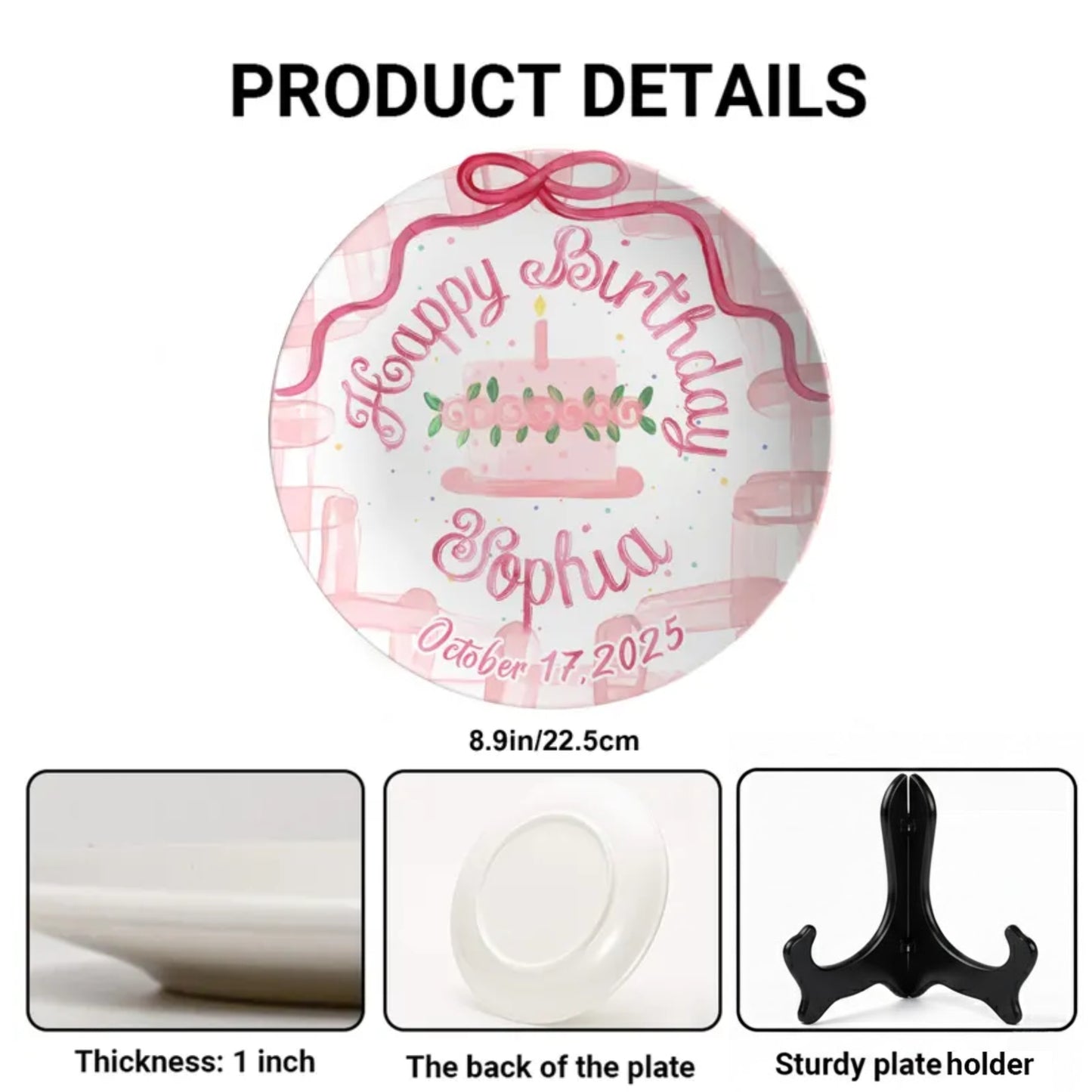 Pink Bow and Floral Cake Personalized Birthday Plate P9309RT0