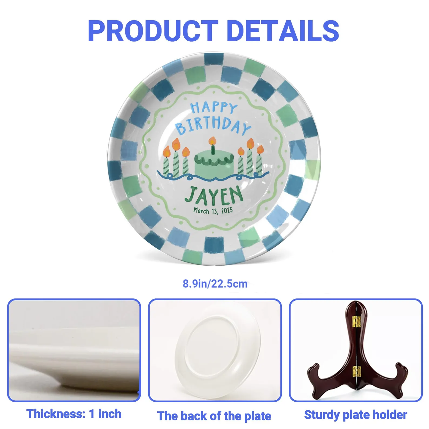 Blue Green Checkered Personalized Birthday Plate P418VAW0