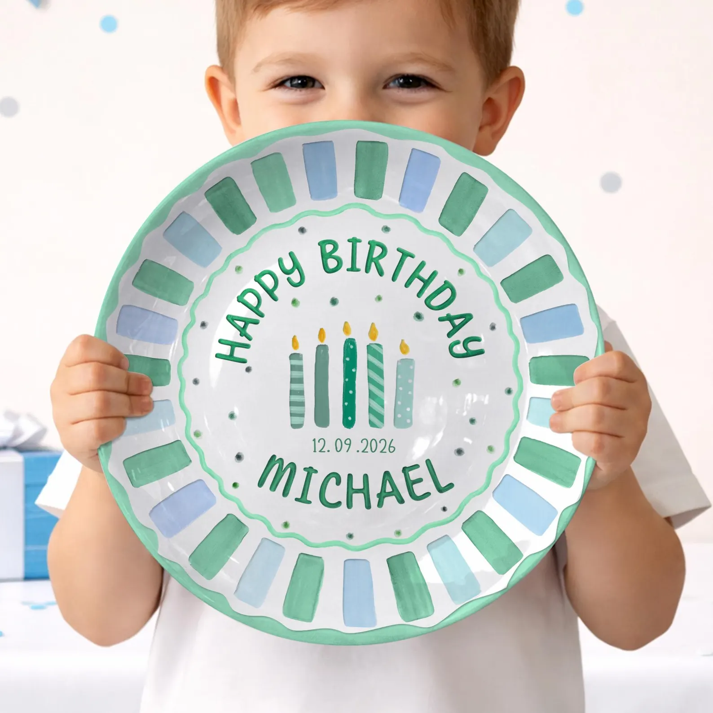 Green and Blue Striped Candle Birthday Personalized Birthday Plate P514G5K0