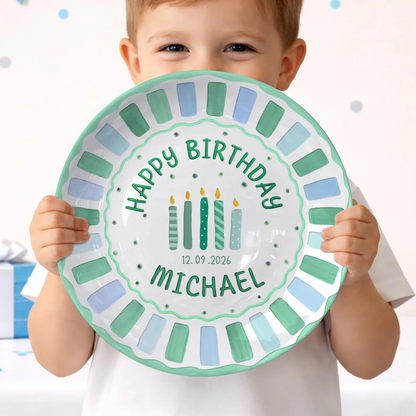 Green and Blue Striped Candle Birthday Personalized Birthday Plate P514G5K0