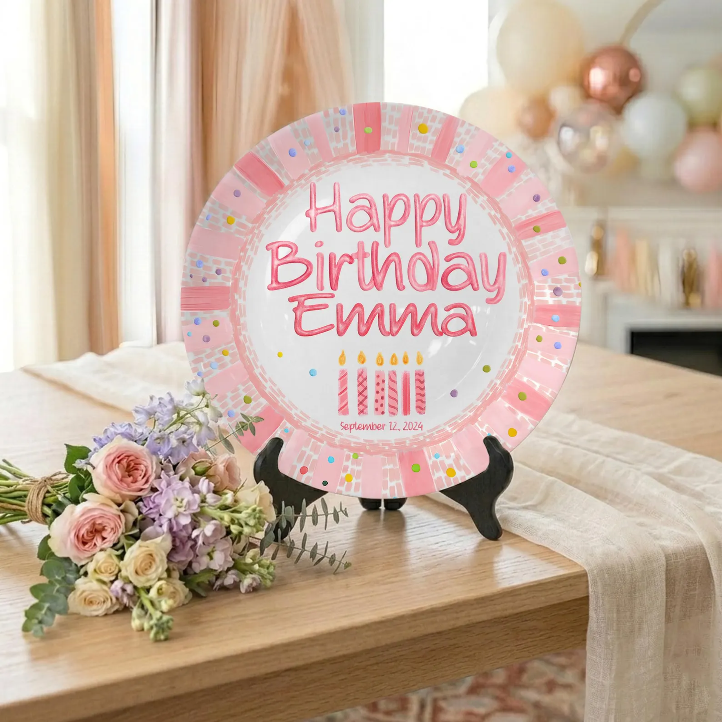 Pink Striped Confetti Border with Birthday Candles Personalized Birthday Plate P428PVR0