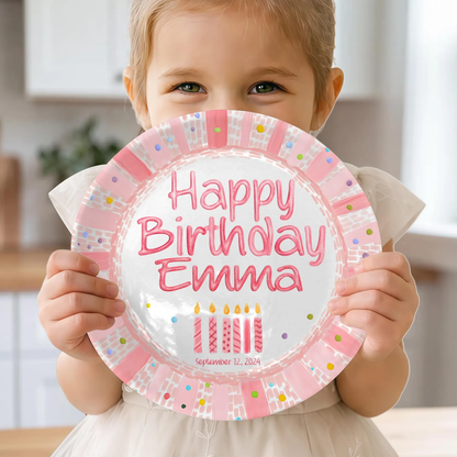 Pink Striped Confetti Border with Birthday Candles Personalized Birthday Plate P428PVR0