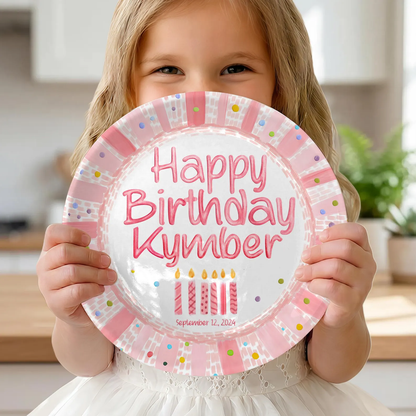 Pink Striped Confetti Border with Birthday Candles Personalized Birthday Plate P428PVR0