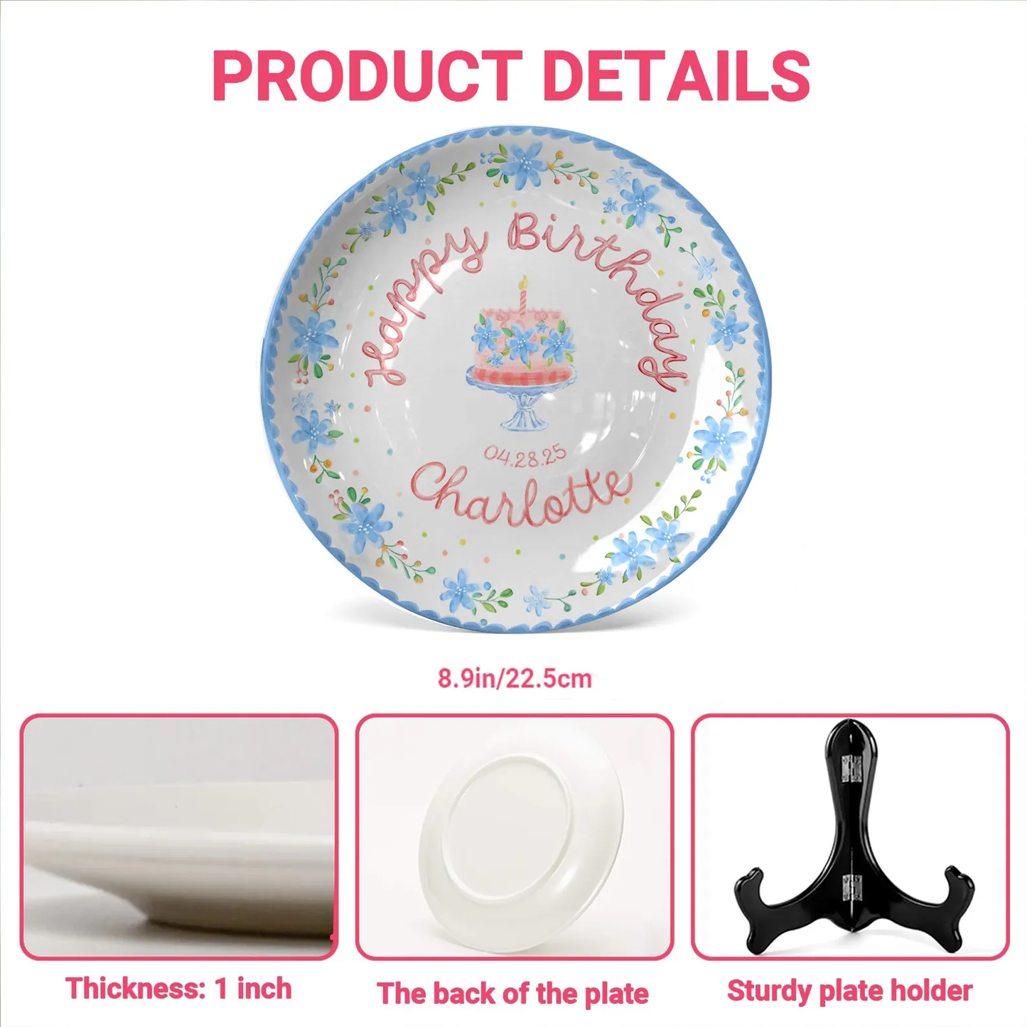 Soft Blue Floral Birthday Cake Personalized Birthday Plate P55EXJ0