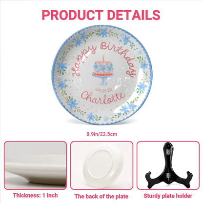 Soft Blue Floral Birthday Cake Personalized Birthday Plate P55EXJ0