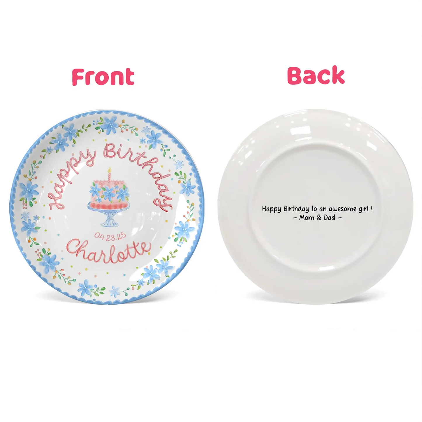 Soft Blue Floral Birthday Cake Personalized Birthday Plate P55EXJ0