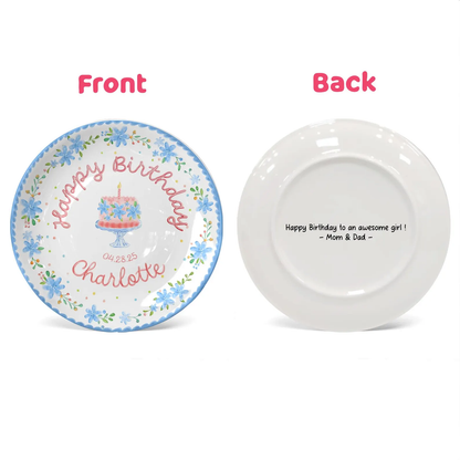 Soft Blue Floral Birthday Cake Personalized Birthday Plate P55EXJ0