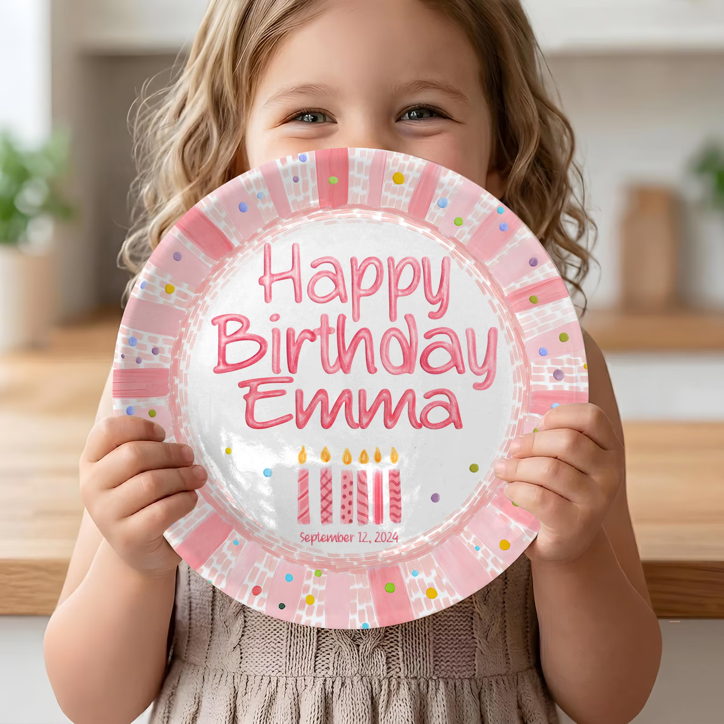 Pink Striped Confetti Border with Birthday Candles Personalized Birthday Plate P428PVR0