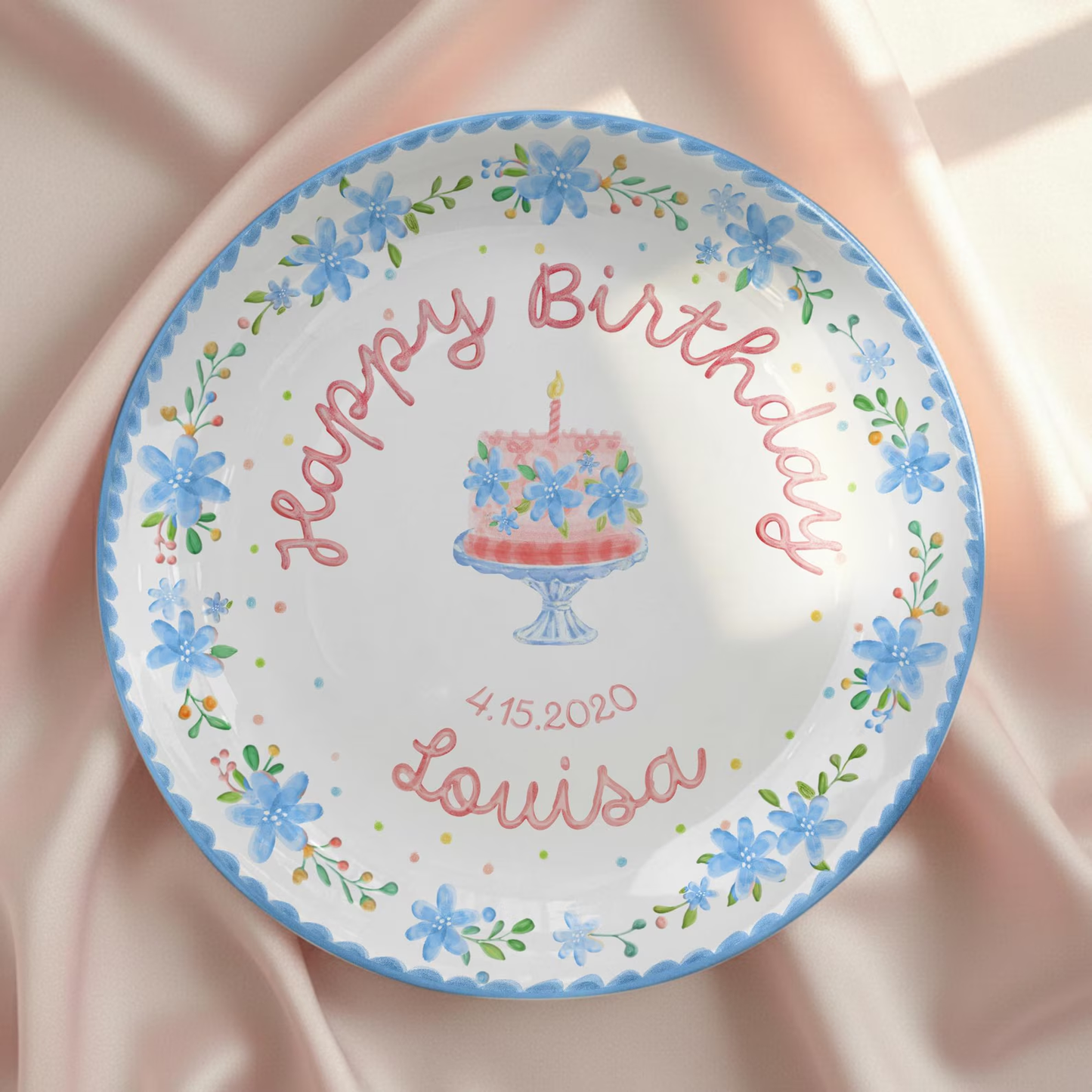 Soft Blue Floral Birthday Cake Personalized Birthday Plate P55EXJ0