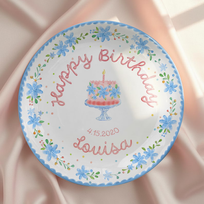 Soft Blue Floral Birthday Cake Personalized Birthday Plate P55EXJ0