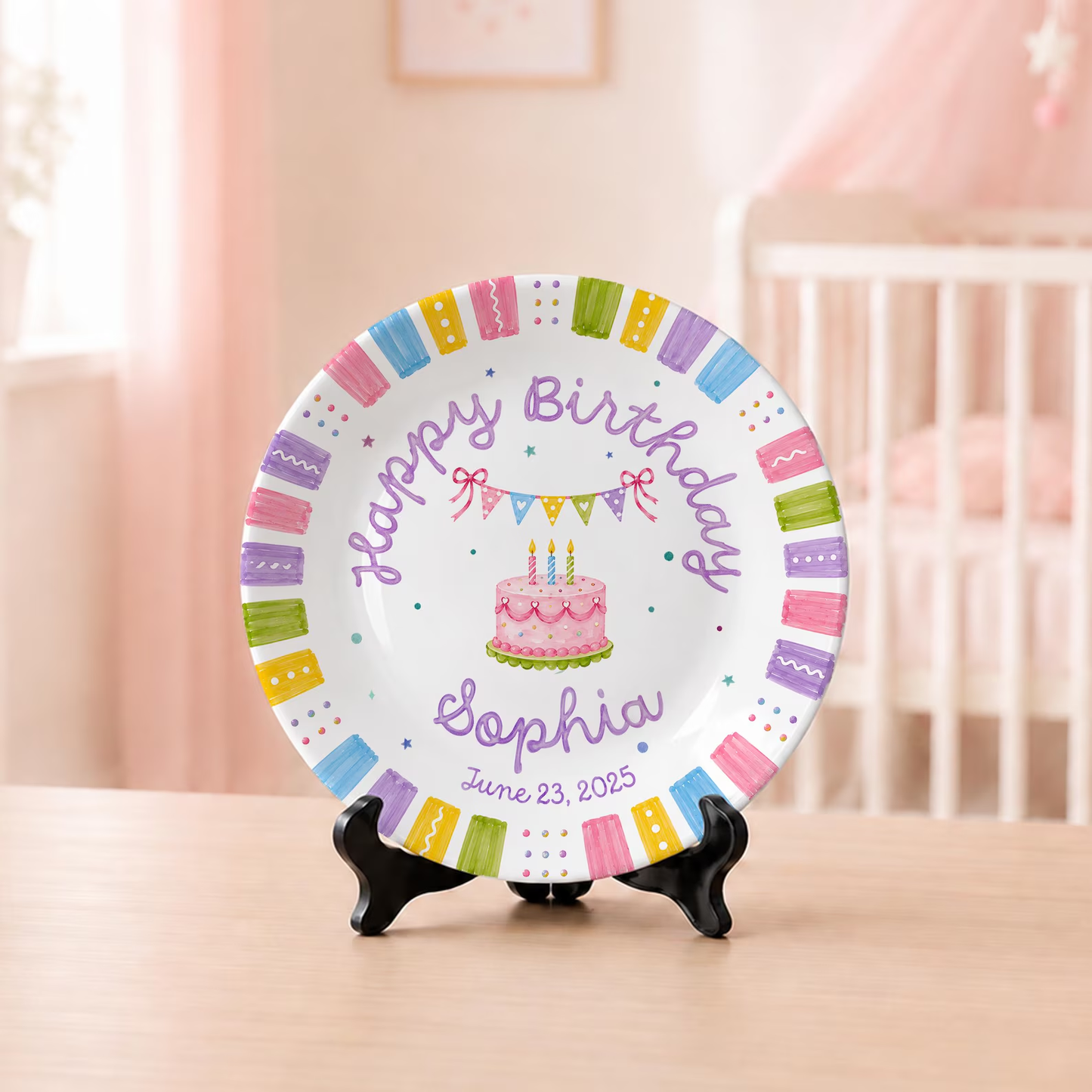 Pastel Colorful Border Personalized Birthday Plate D610BW20