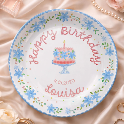 Soft Blue Floral Birthday Cake Personalized Birthday Plate P55EXJ0