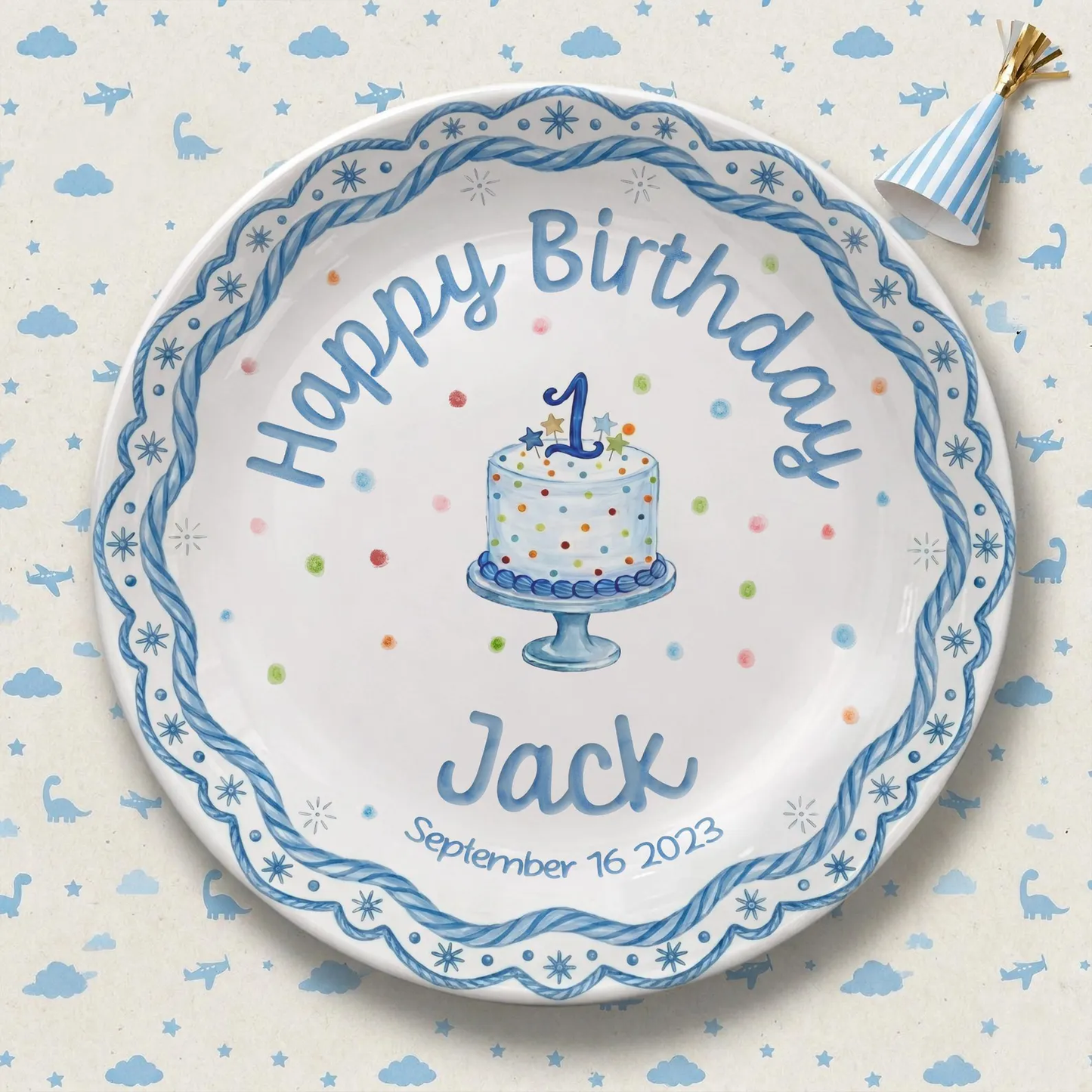 Blue Rope Border Personalized Birthday Plate P511PBO0