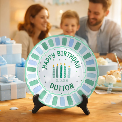 Green and Blue Striped Candle Birthday Personalized Birthday Plate P514G5K0