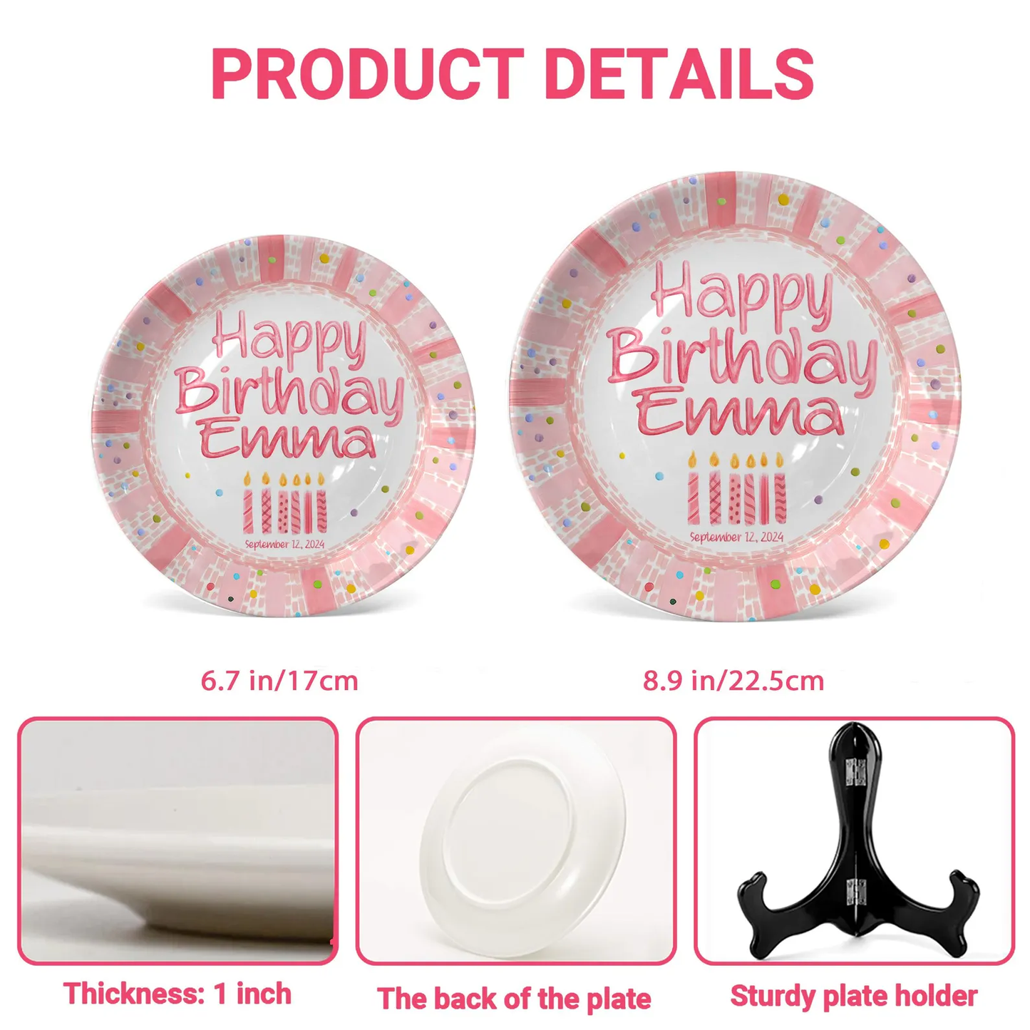 Pink Striped Confetti Border with Birthday Candles Personalized Birthday Plate P428PVR0
