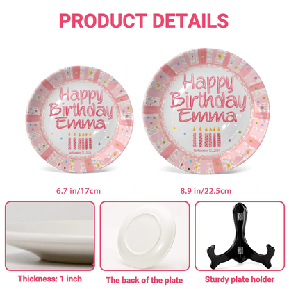 Pink Striped Confetti Border with Birthday Candles Personalized Birthday Plate P428PVR0