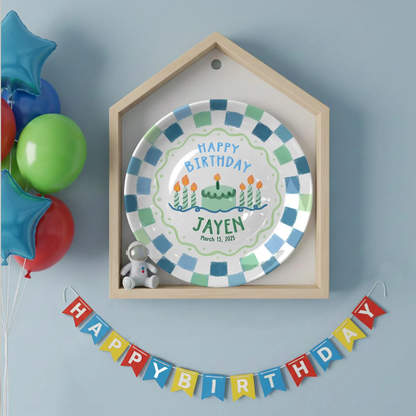 Blue Green Checkered Personalized Birthday Plate P418VAW0