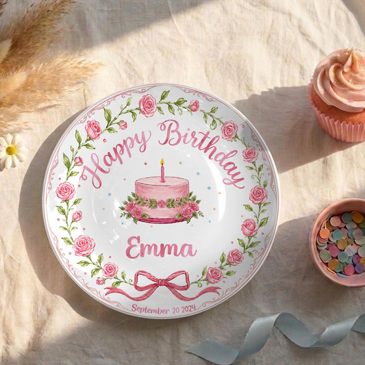 Pink Rose Floral Wreath Cake Personalized Birthday Plate P68VQX0