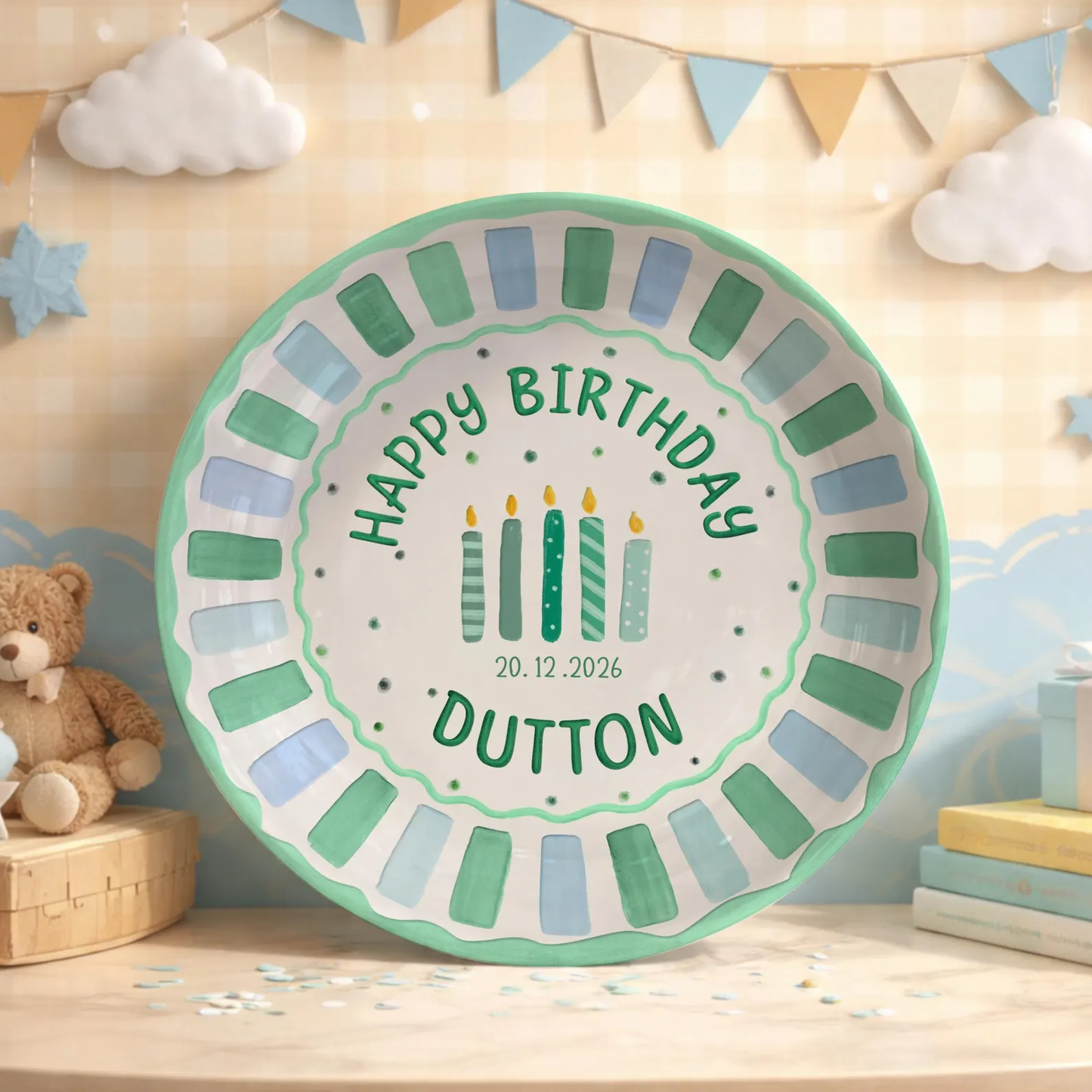 Green and Blue Striped Candle Birthday Personalized Birthday Plate P514G5K0