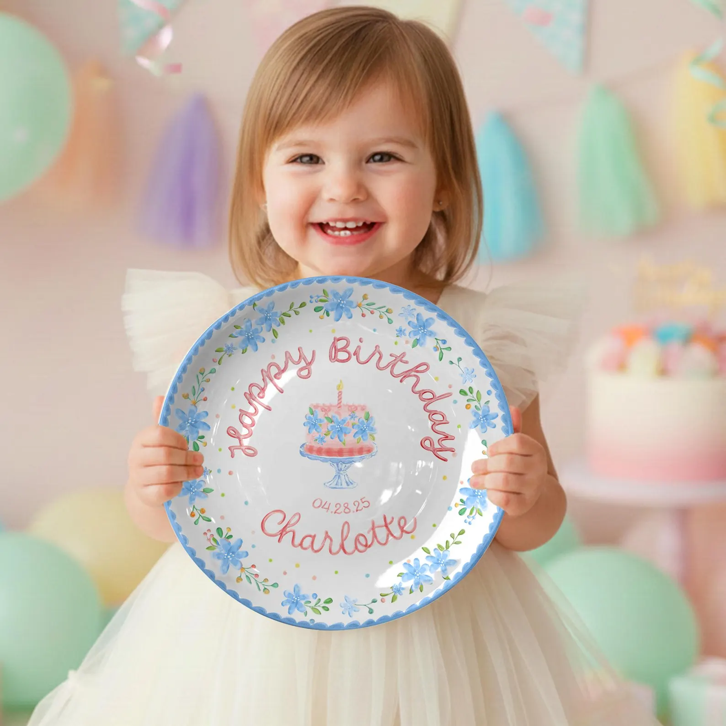 Soft Blue Floral Birthday Cake Personalized Birthday Plate P55EXJ0
