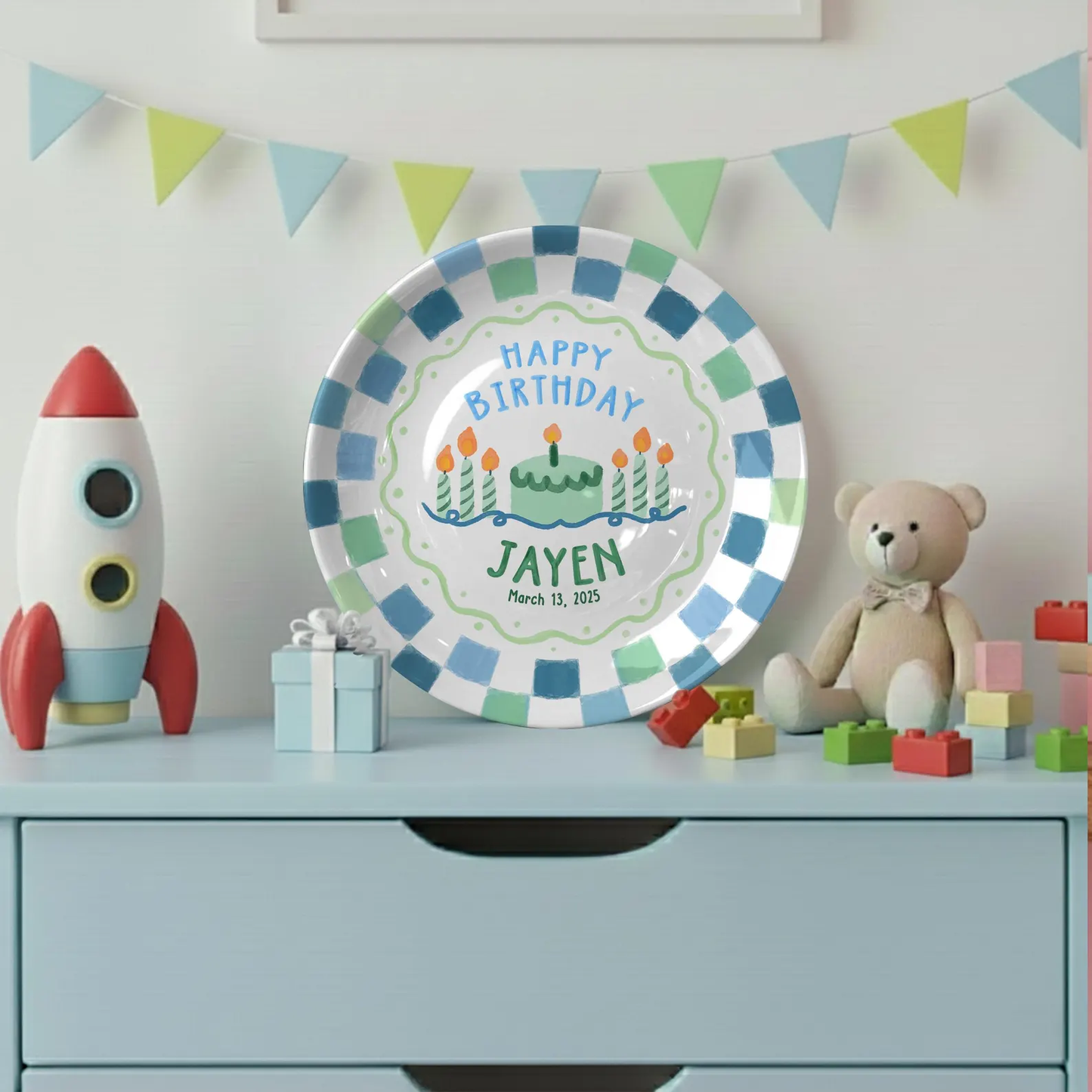 Blue Green Checkered Personalized Birthday Plate P418VAW0