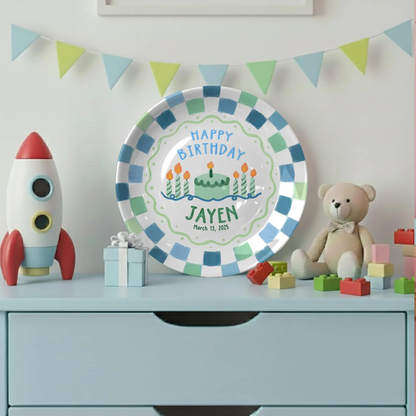 Blue Green Checkered Personalized Birthday Plate P418VAW0