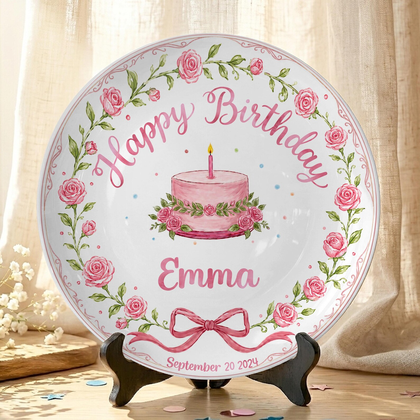 Pink Rose Floral Wreath Cake Personalized Birthday Plate P68VQX0