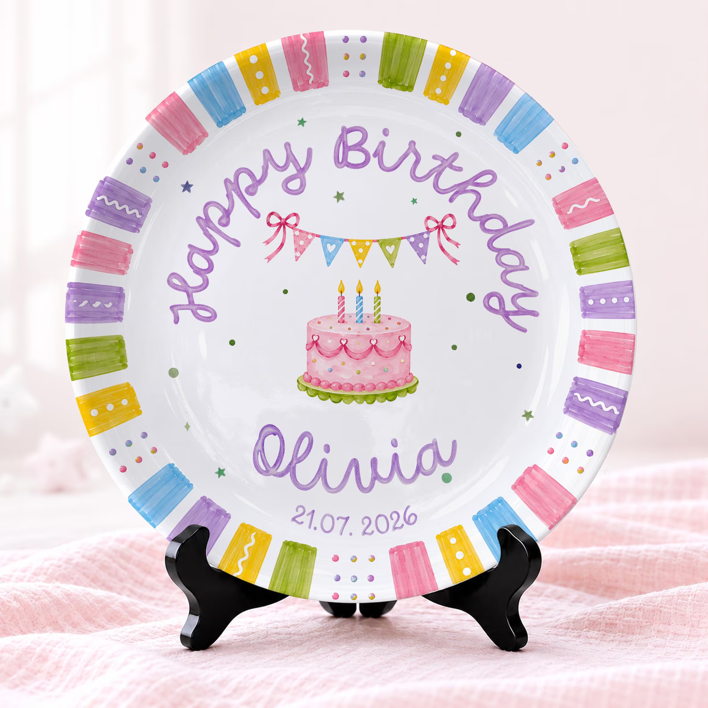 Pastel Colorful Border Personalized Birthday Plate D610BW20