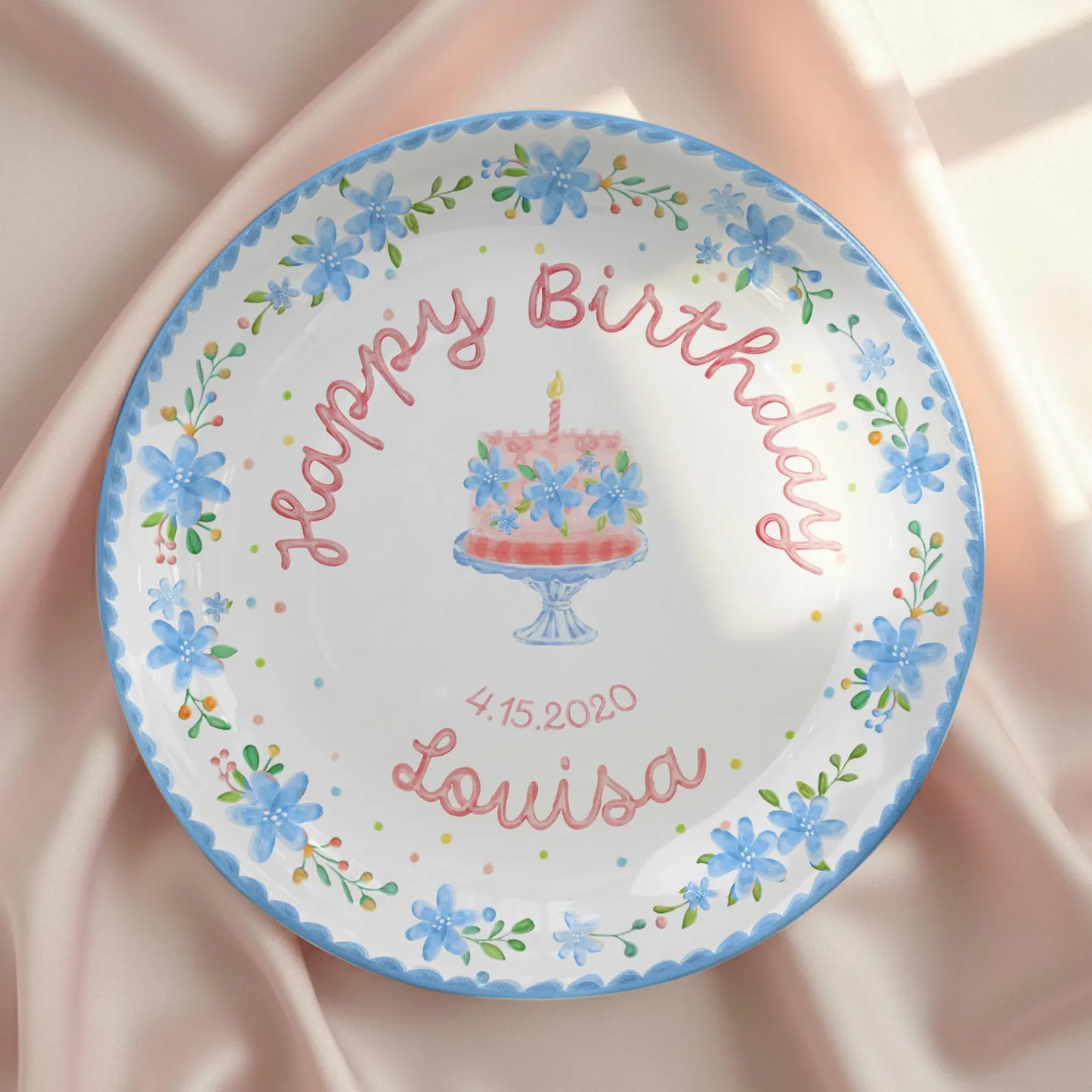 Soft Blue Floral Birthday Cake Personalized Birthday Plate P55EXJ0
