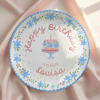 Soft Blue Floral Birthday Cake Personalized Birthday Plate P55EXJ0