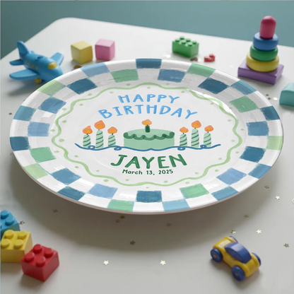 Blue Green Checkered Personalized Birthday Plate P418VAW0