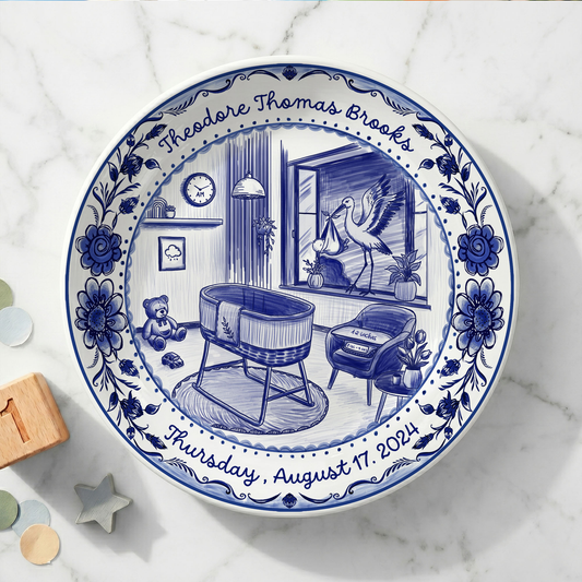 Blue Toile Nursery Room with Stork and Floral Border Personalized Birthday Plate P62FUK0a1