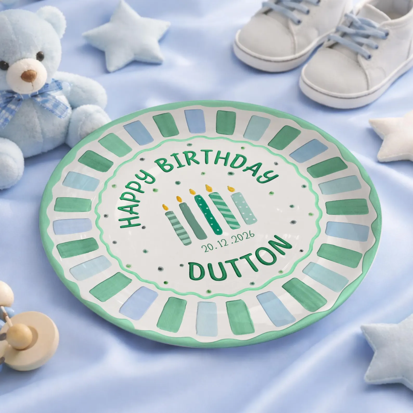 Green and Blue Striped Candle Birthday Personalized Birthday Plate P514G5K0
