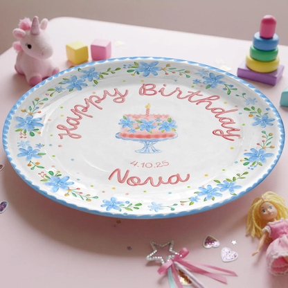 Soft Blue Floral Birthday Cake Personalized Birthday Plate P55EXJ0