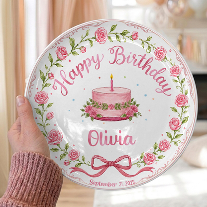 Pink Rose Floral Wreath Cake Personalized Birthday Plate P68VQX0