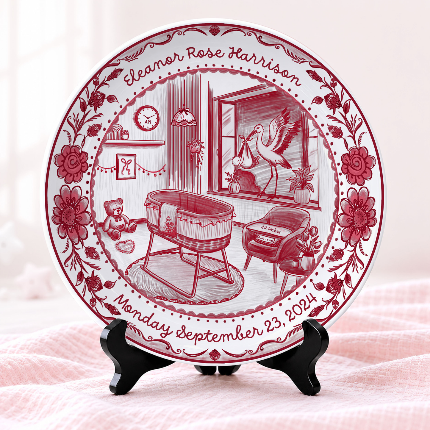 Red Toile Nursery Room with Stork and Floral Border Personalized Birthday Plate P62FUK0