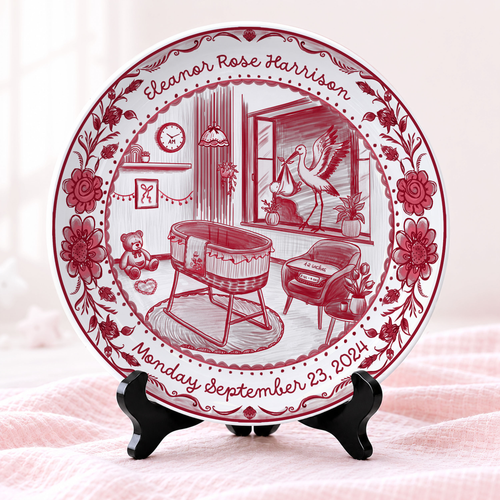 Red Toile Nursery Room with Stork and Floral Border Personalized Birthday Plate P62FUK0