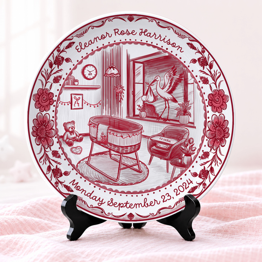 Red Toile Nursery Room with Stork and Floral Border Personalized Birthday Plate P62FUK0