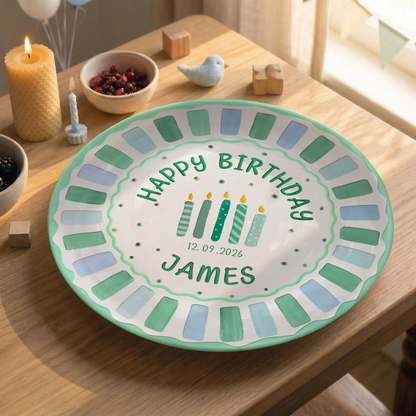 Green and Blue Striped Candle Birthday Personalized Birthday Plate P514G5K0