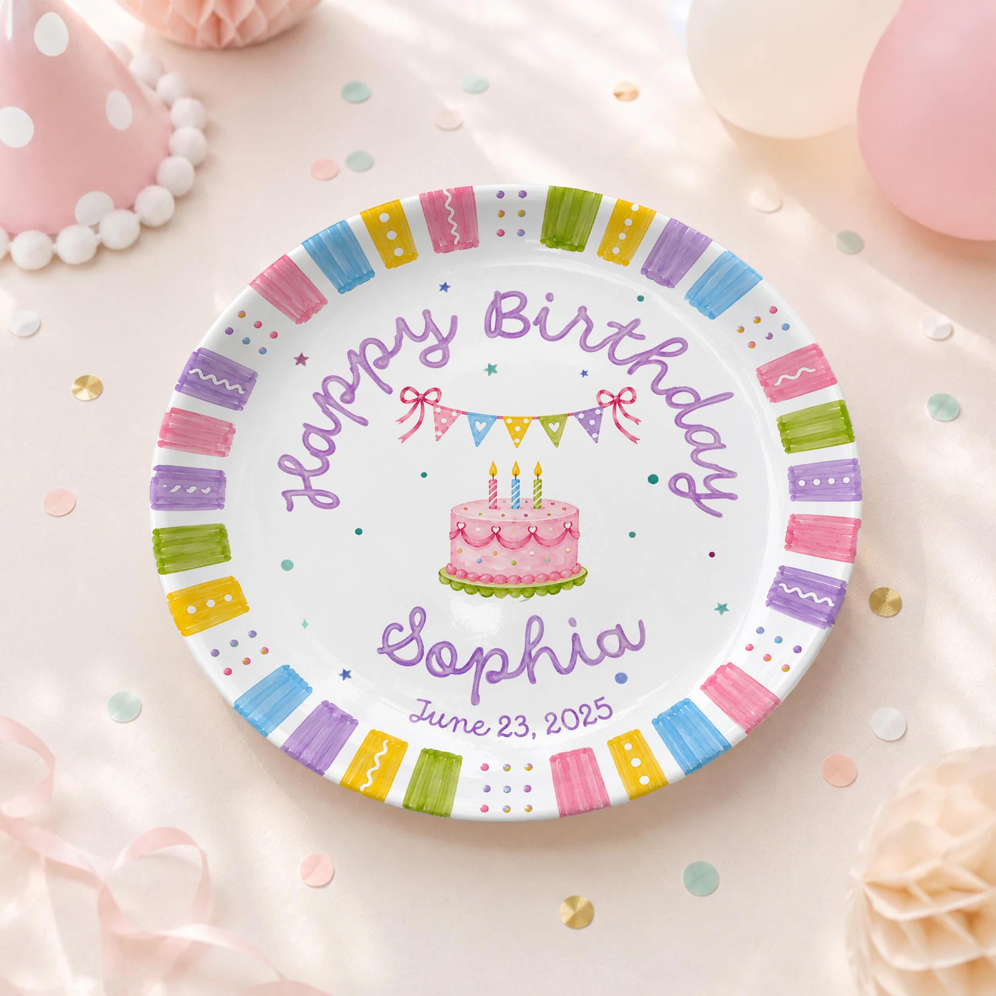Pastel Colorful Border Personalized Birthday Plate D610BW20