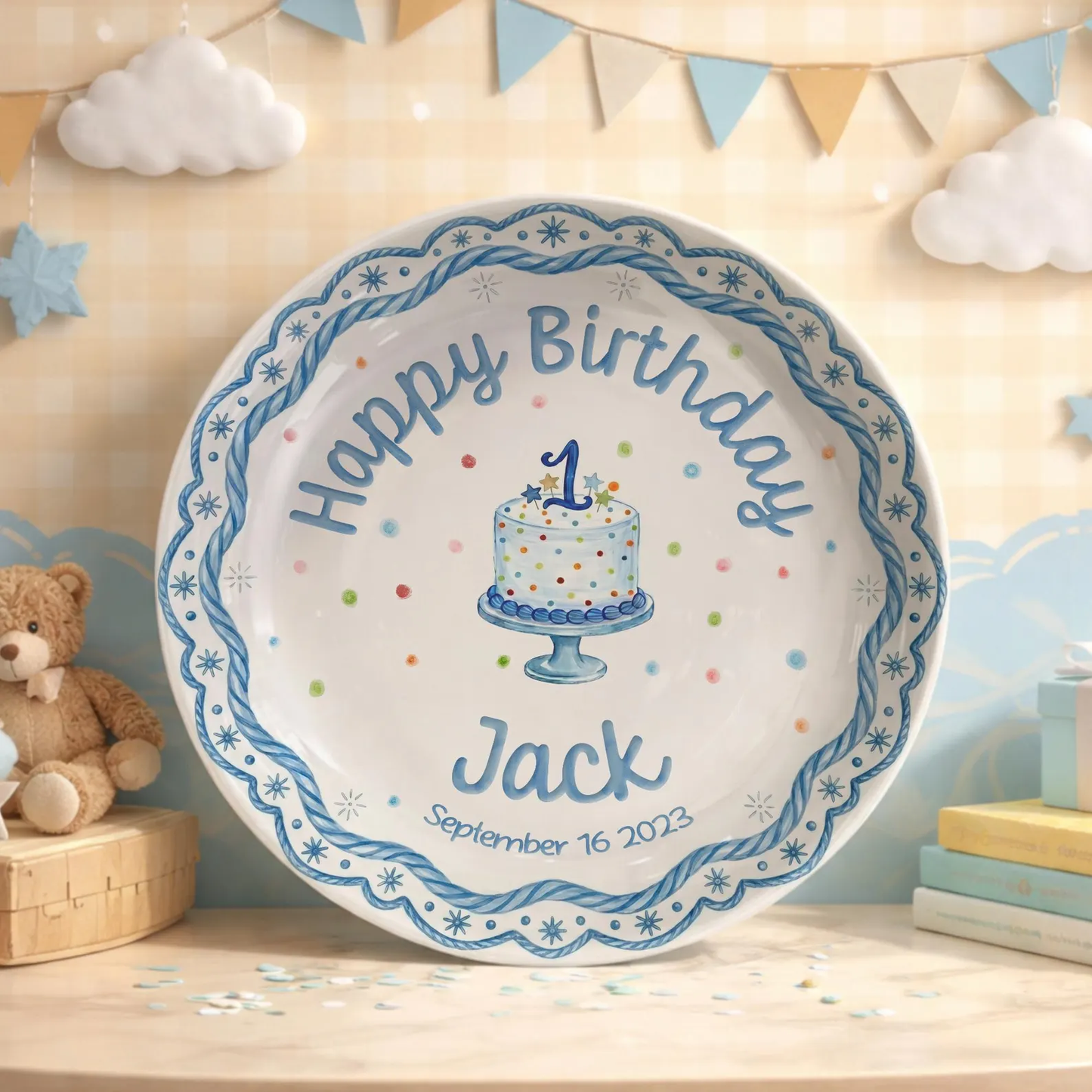Blue Rope Border Personalized Birthday Plate P511PBO0
