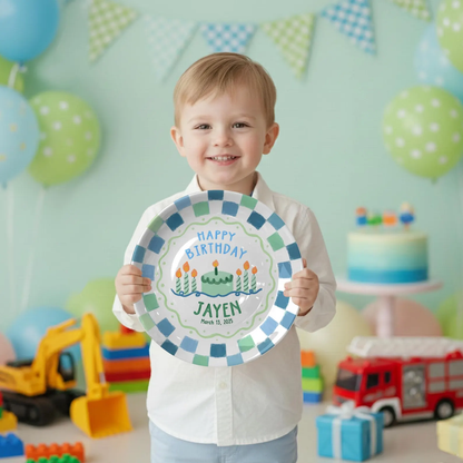 Blue Green Checkered Personalized Birthday Plate P418VAW0