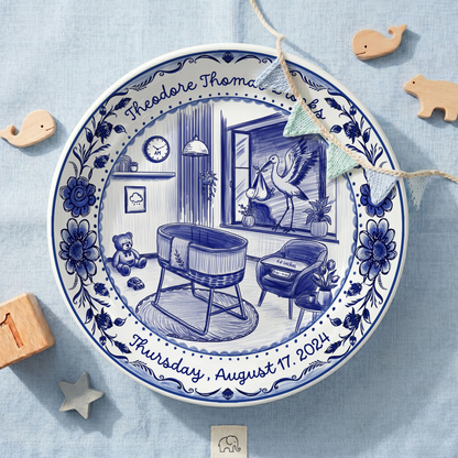 Blue Toile Nursery Room with Stork and Floral Border Personalized Birthday Plate P62FUK0a1
