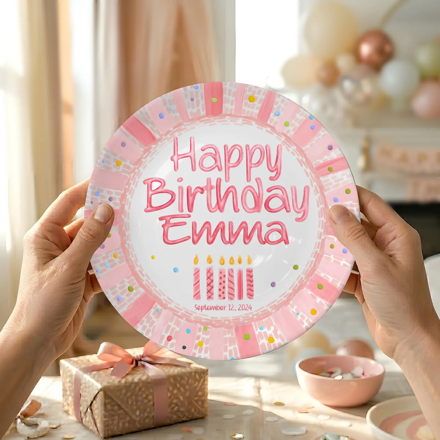 Pink Striped Confetti Border with Birthday Candles Personalized Birthday Plate P428PVR0