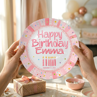 Pink Striped Confetti Border with Birthday Candles Personalized Birthday Plate P428PVR0