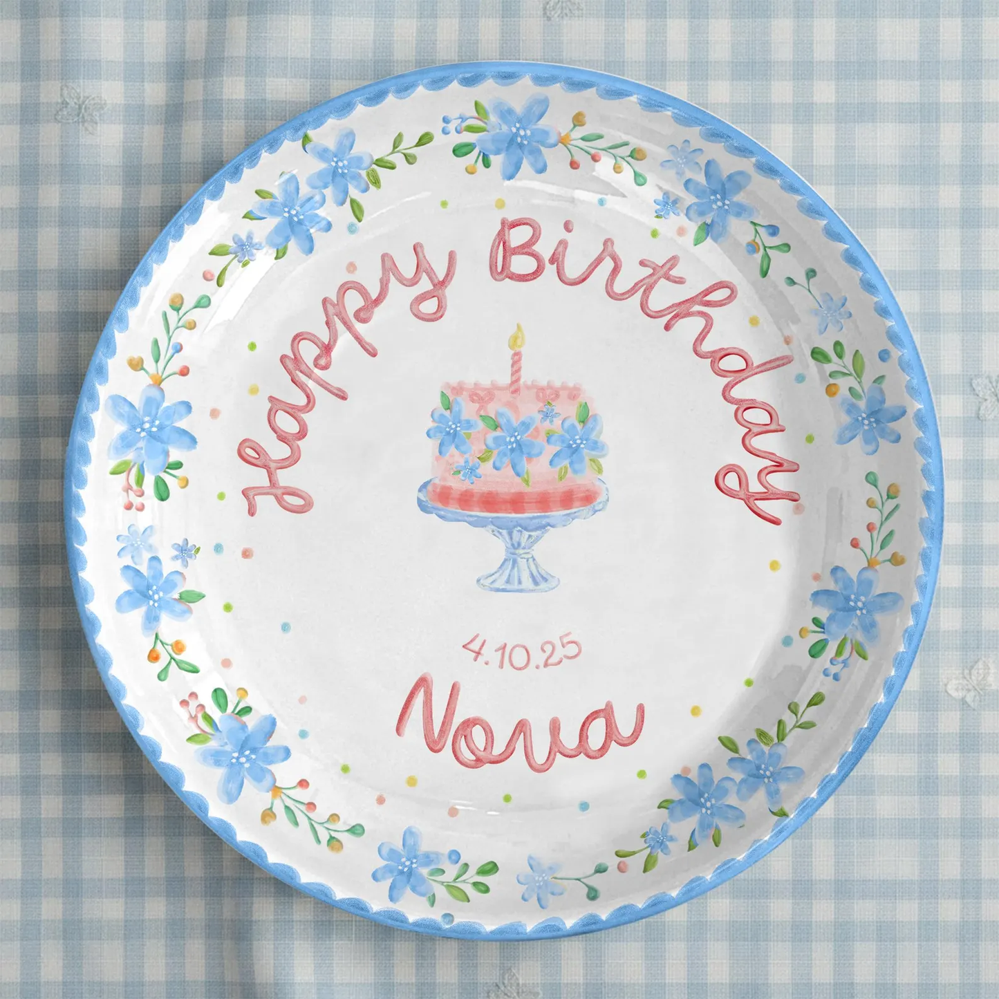 Soft Blue Floral Birthday Cake Personalized Birthday Plate P55EXJ0