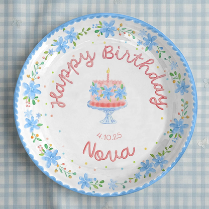 Soft Blue Floral Birthday Cake Personalized Birthday Plate P55EXJ0