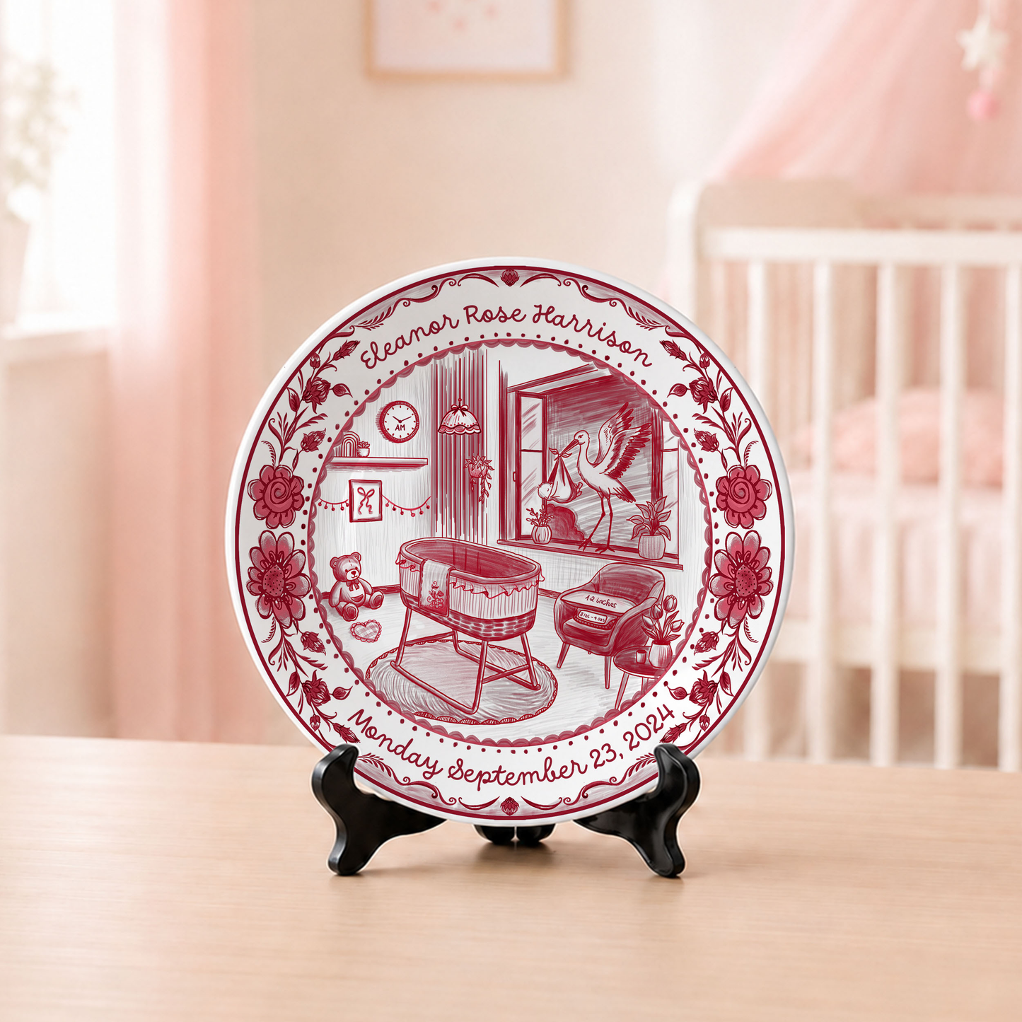 Red Toile Nursery Room with Stork and Floral Border Personalized Birthday Plate P62FUK0
