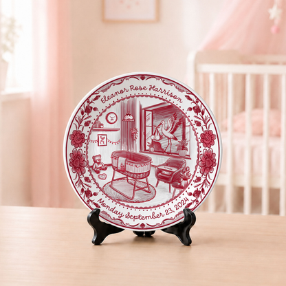 Red Toile Nursery Room with Stork and Floral Border Personalized Birthday Plate P62FUK0