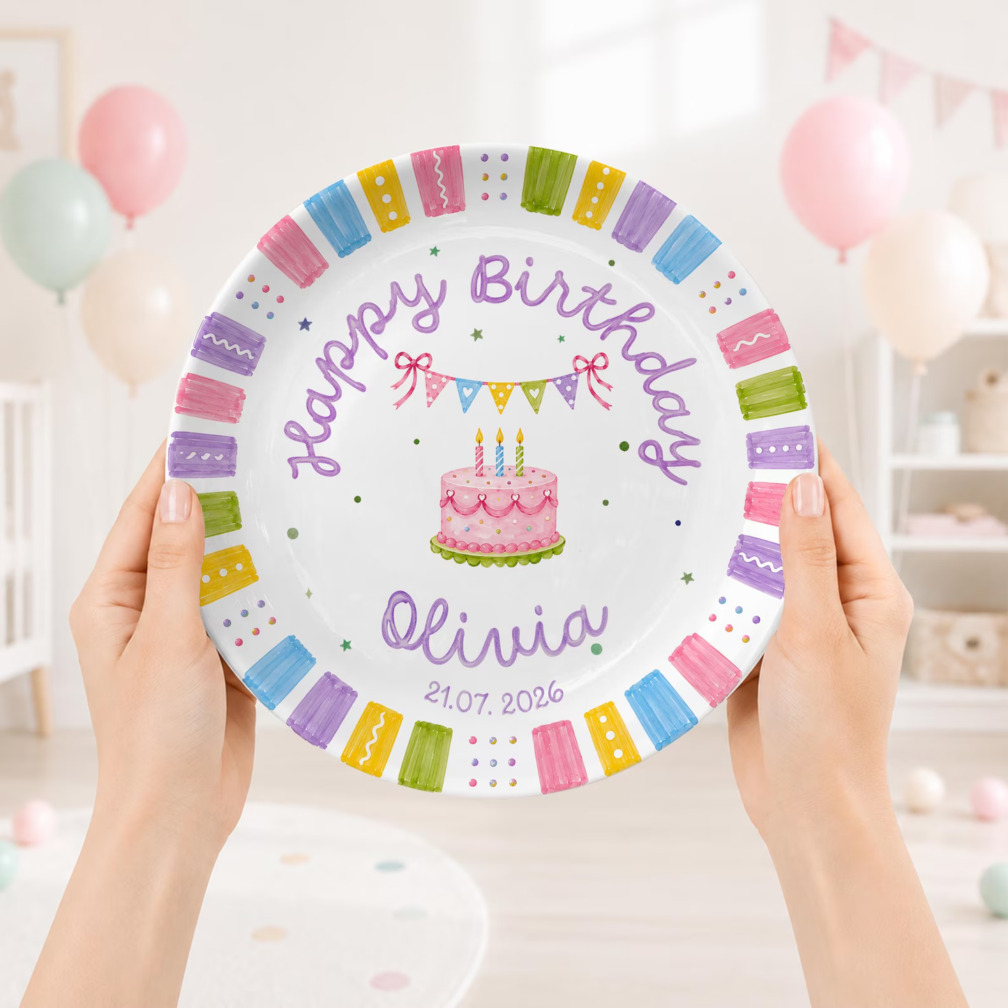 Pastel Colorful Border Personalized Birthday Plate D610BW20